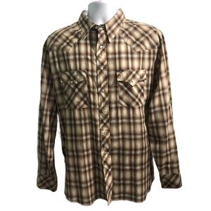 Wrangler Pearl Snap Button Western Brown Plaid Long‎ Sleeve Shirt Men’s Xl